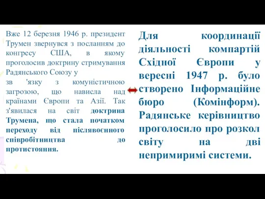 Вже 12 березня 1946 р. президент Трумен звернувся з посланням до конгресу