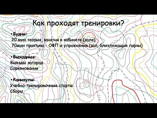 Как проходят тренировки? Будни: 20 мин теория, занятия в кабинете (зале). 70мин