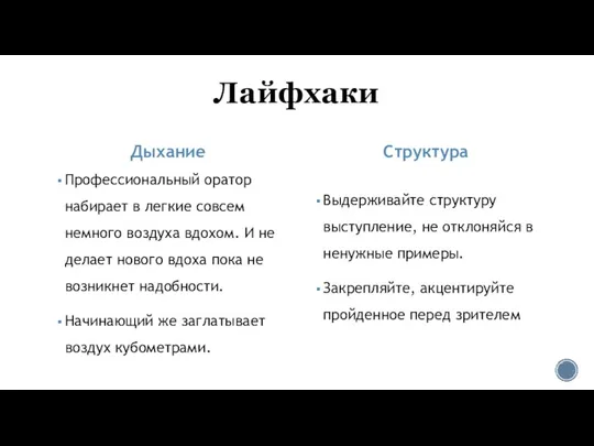 Лайфхаки Дыхание Профессиональный оратор набирает в легкие совсем немного воздуха вдохом. И