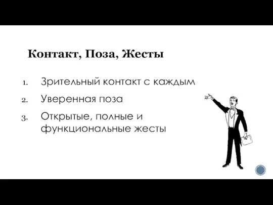 Контакт, Поза, Жесты Зрительный контакт с каждым Уверенная поза Открытые, полные и функциональные жесты