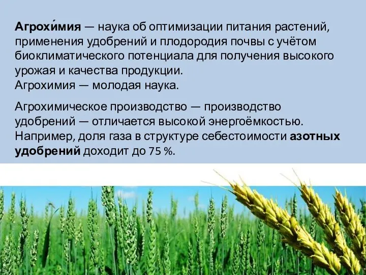 Агрохи́мия — наука об оптимизации питания растений, применения удобрений и плодородия почвы