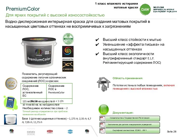 PremiumColor Для ярких покрытий с высокой износостойкостью Высший класс стойкости к мытью