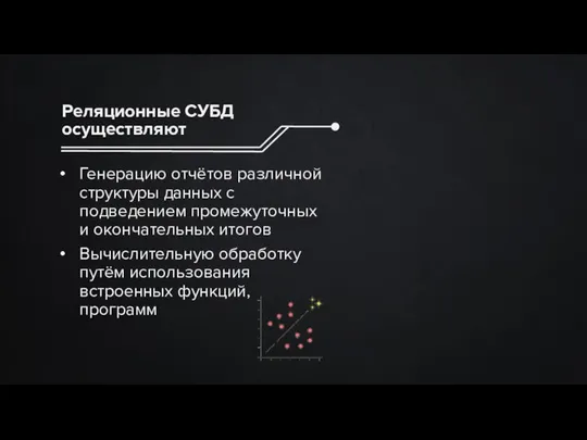 Реляционные СУБД осуществляют Генерацию отчётов различной структуры данных с подведением промежуточных и