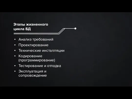 Этапы жизненного цикла БД Анализ требований Проектирование Технические инсталляции Кодирование (программирование) Тестирование