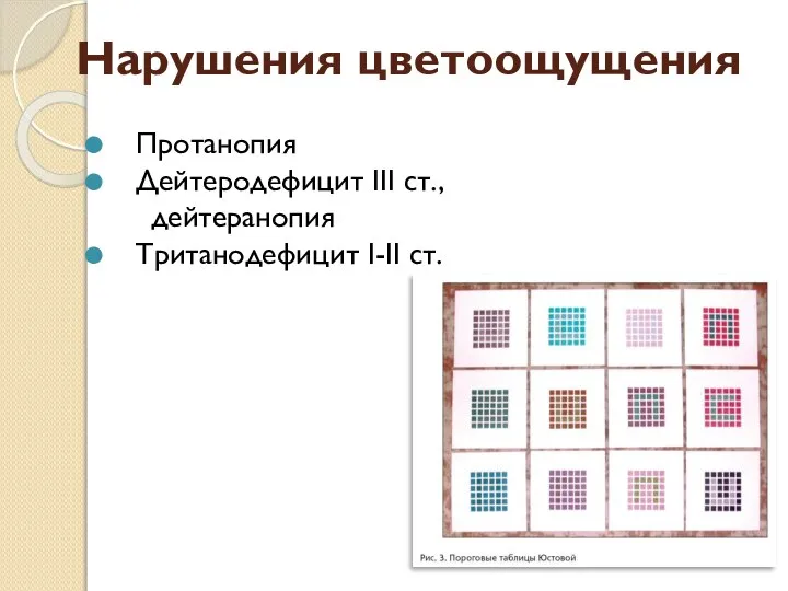 Нарушения цветоощущения Протанопия Дейтеродефицит III ст., дейтеранопия Тританодефицит I-II ст.