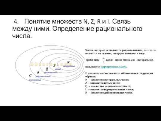 4. Понятие множеств N, Z, R и I. Связь между ними. Определение рационального числа.