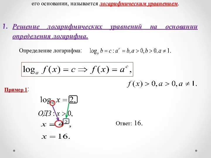 Уравнение, содержащее неизвестное под знаком логарифма или (и) в его основании, называется