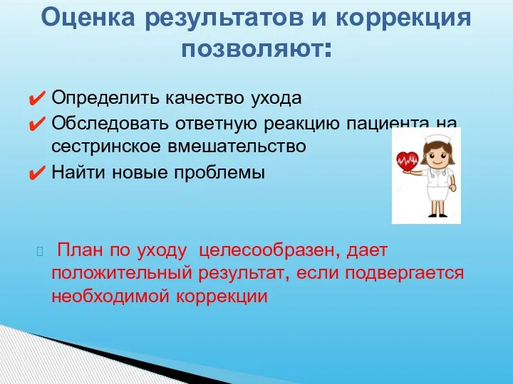 Определить качество ухода Обследовать ответную реакцию пациента на сестринское вмешательство Найти новые