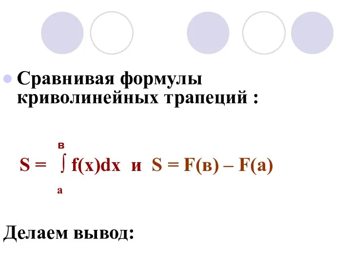 Сравнивая формулы криволинейных трапеций : в S = ∫ f(х)dх и S