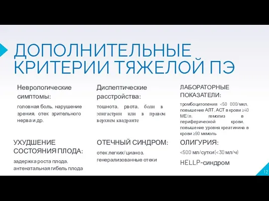 ДОПОЛНИТЕЛЬНЫЕ КРИТЕРИИ ТЯЖЕЛОЙ ПЭ Неврологические симптомы: головная боль, нарушение зрения, отек зрительного