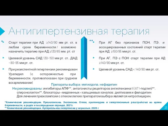 Антигипертензивная терапия Старт терапии при АД ≥140/90 мм рт. ст. в любом