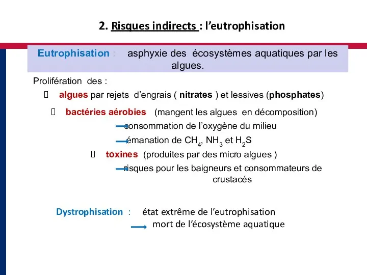 2. Risques indirects : l’eutrophisation Eutrophisation : asphyxie des écosystèmes aquatiques par