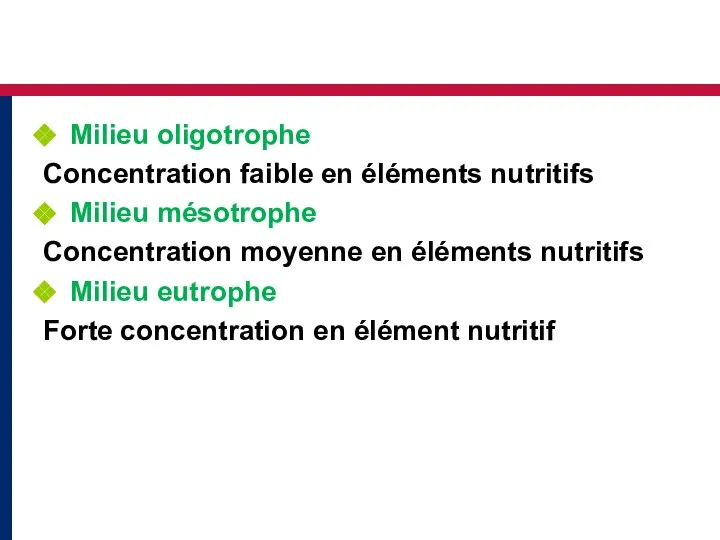 Milieu oligotrophe Concentration faible en éléments nutritifs Milieu mésotrophe Concentration moyenne en