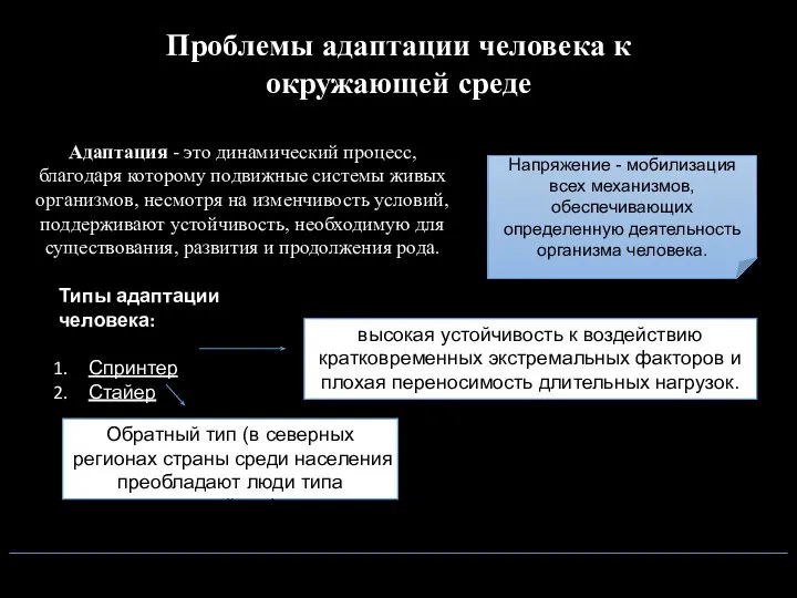 Проблемы адаптации человека к окружающей среде Напряжение - мобилизация всех механизмов, обеспечивающих