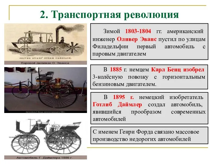 2. Транспортная революция Зимой 1803-1804 гг. американский инженер Оливер Эванс пустил по