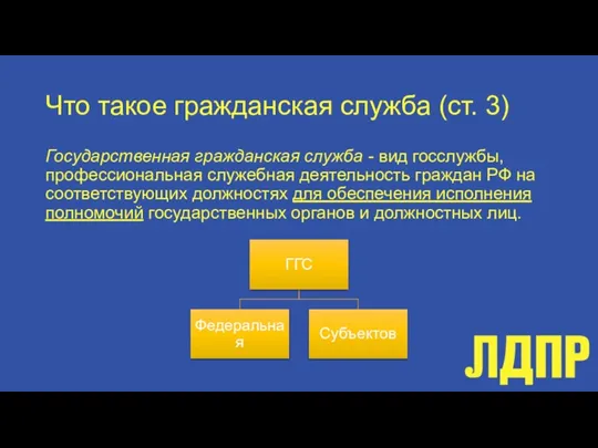 Что такое гражданская служба (ст. 3) Государственная гражданская служба - вид госслужбы,