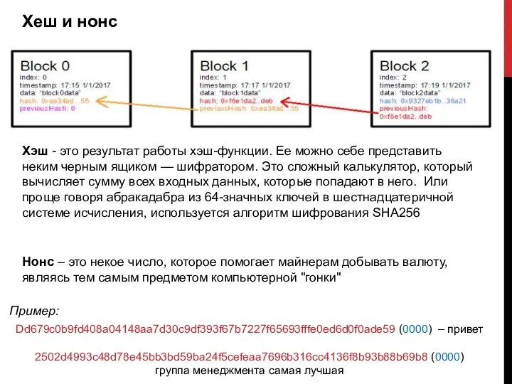 Хеш и нонс Хэш - это результат работы хэш-функции. Ее можно себе