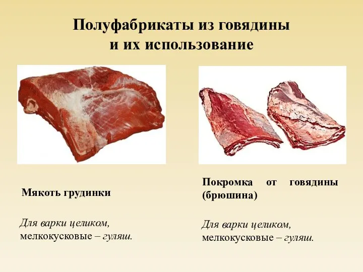 Полуфабрикаты из говядины и их использование Мякоть грудинки Для варки целиком, мелкокусковые