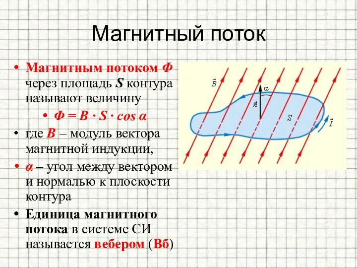 Магнитный поток Магнитным потоком Φ через площадь S контура называют величину Φ