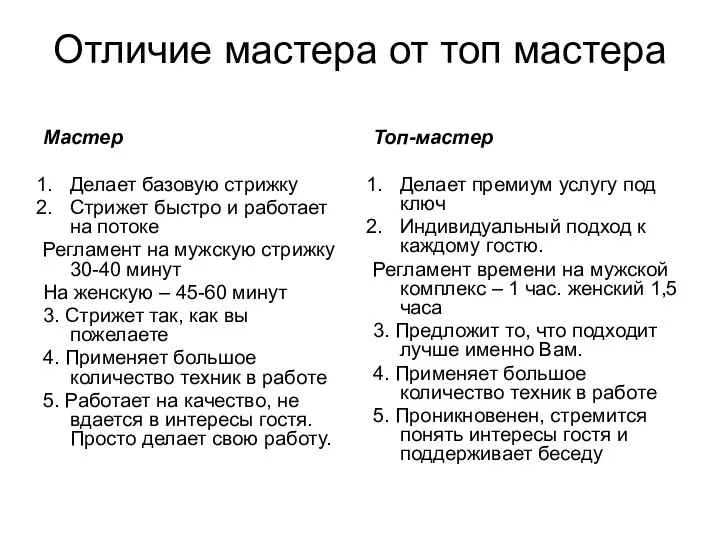 Отличие мастера от топ мастера Мастер Делает базовую стрижку Стрижет быстро и