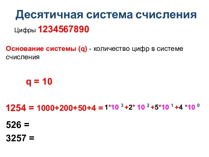 Цифры 1234567890 Десятичная система счисления Основание системы (q) - количество цифр в