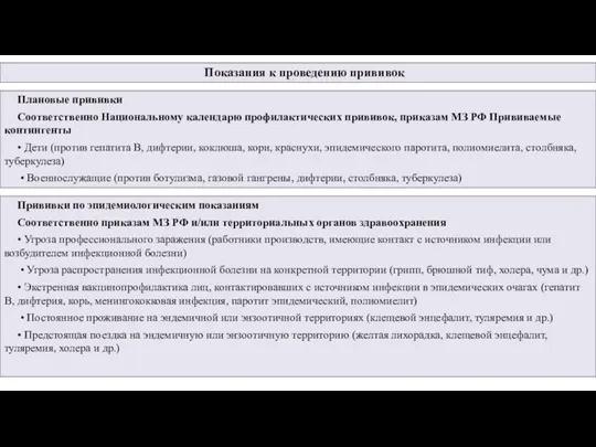 Показания к проведению прививок Плановые прививки Соответственно Национальному календарю профилактических прививок, приказам