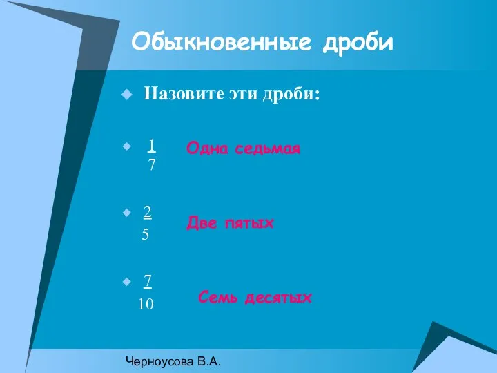 Черноусова В.А. Обыкновенные дроби Назовите эти дроби: 1 7 2 5 7