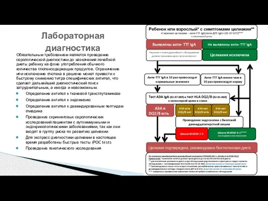 Лабораторная диагностика Обязательным требованием является проведение серологической диагностики до назначения лечебной диеты