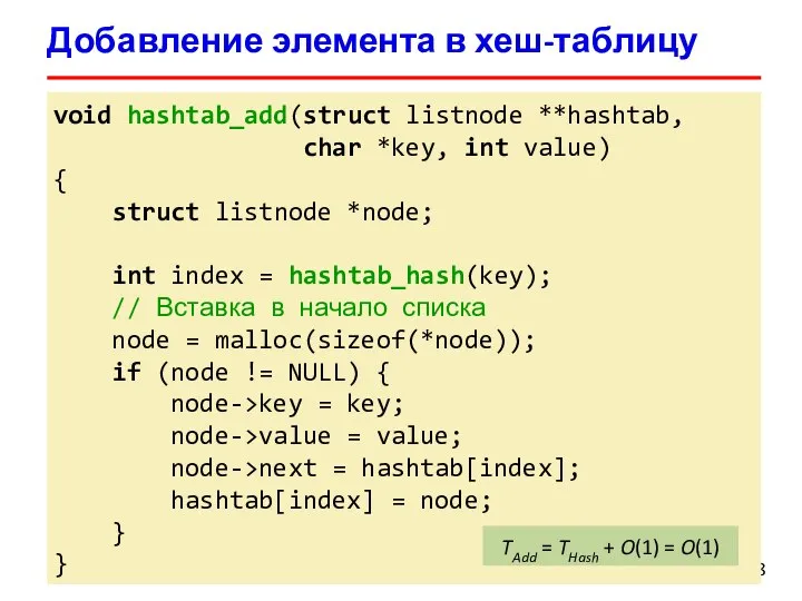 Добавление элемента в хеш-таблицу void hashtab_add(struct listnode **hashtab, char *key, int value)