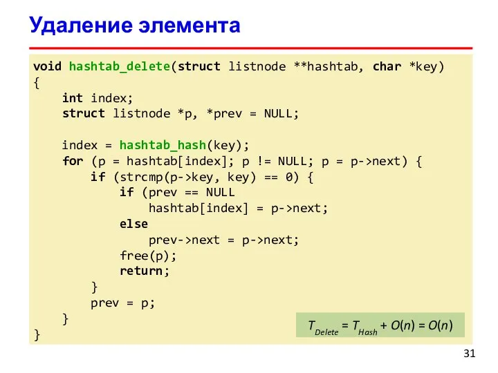 Удаление элемента void hashtab_delete(struct listnode **hashtab, char *key) { int index; struct