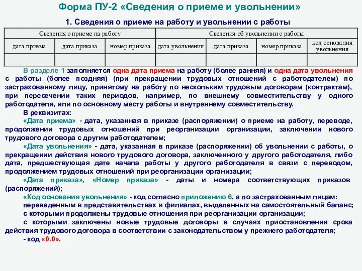 Форма ПУ-2 «Сведения о приеме и увольнении» 1. Сведения о приеме на