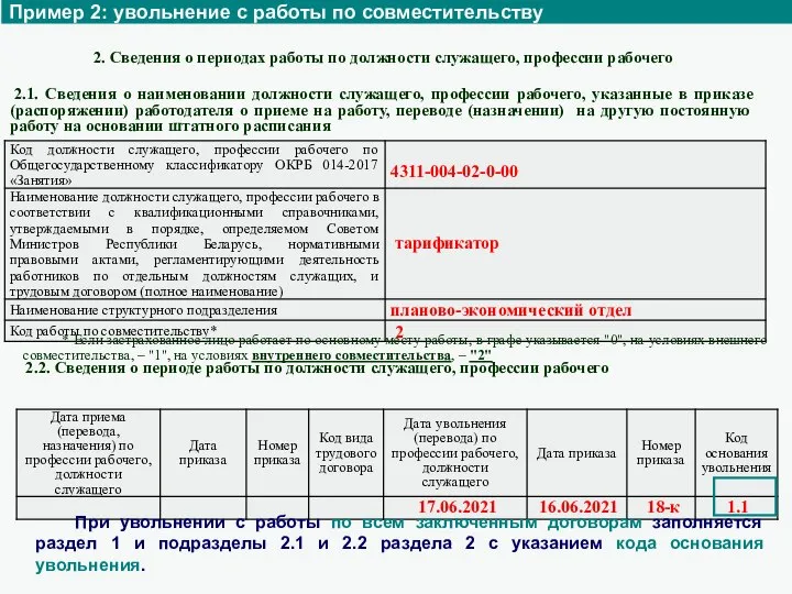 Пример 2: увольнение с работы по совместительству 2. Сведения о периодах работы