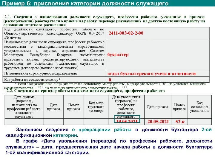 Пример 6: присвоение категории должности служащего 2.1. Сведения о наименовании должности служащего,