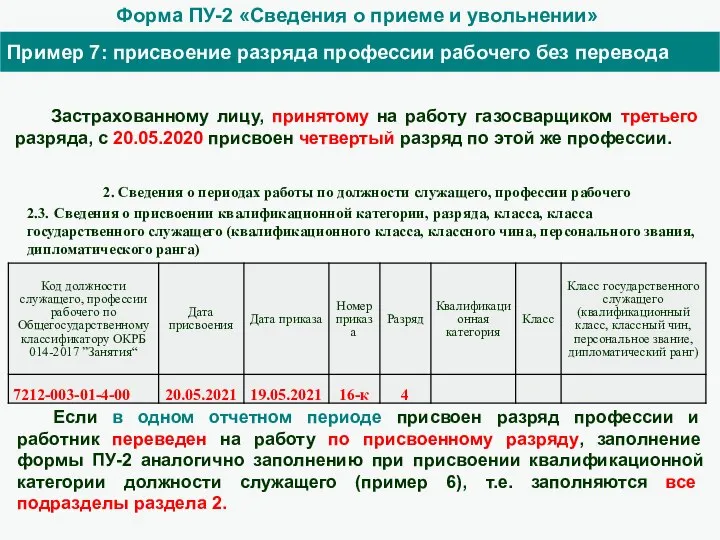 Форма ПУ-2 «Сведения о приеме и увольнении» Пример 7: присвоение разряда профессии