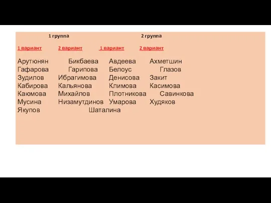 1 группа 2 группа 1 вариант 2 вариант 1 вариант 2 вариант