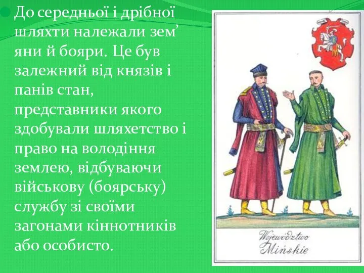 До середньої і дрібної шляхти належали зем’яни й бояри. Це був залежний