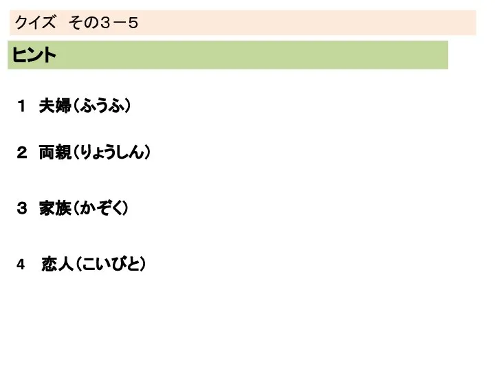 クイズ その３－５ ヒント ３ 家族（かぞく） ２ 両親（りょうしん） １ 夫婦（ふうふ） 恋人（こいびと）