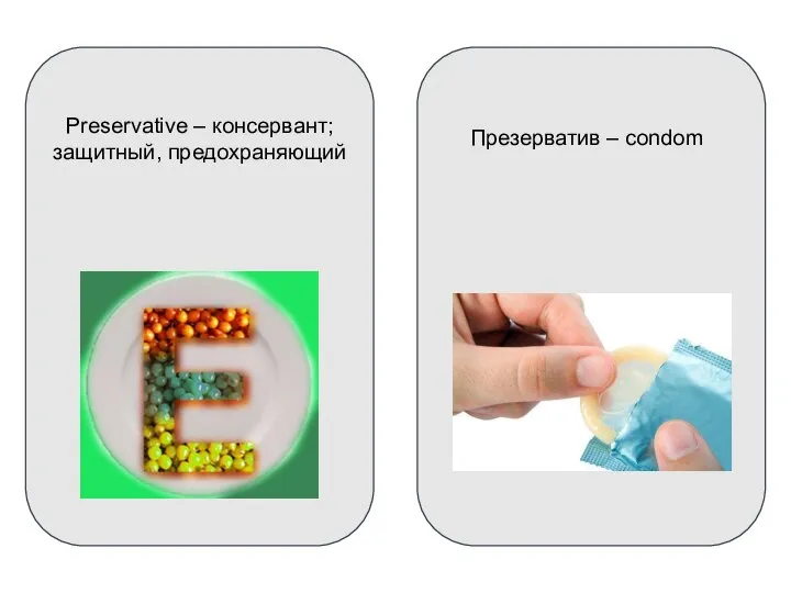 Preservative – консервант; защитный, предохраняющий Презерватив – condom