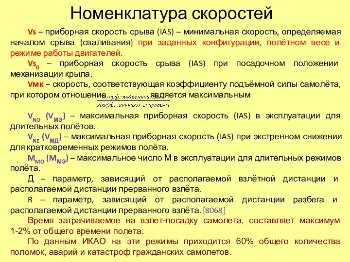 Номенклатура скоростей Vs – приборная скорость срыва (IAS) – минимальная скорость, определяемая