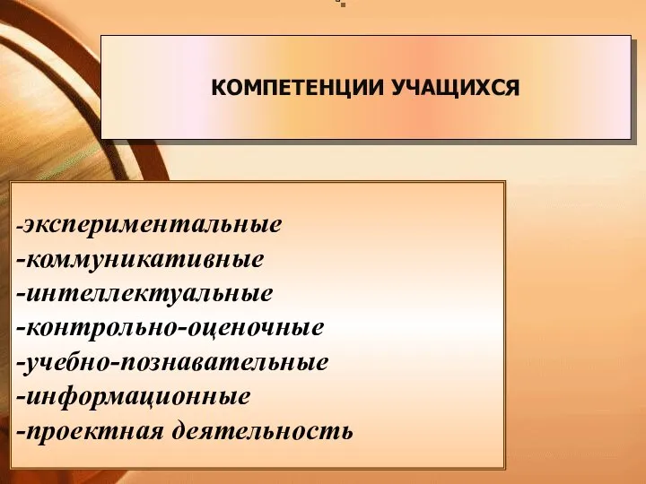 КОМПЕТЕНЦИИ УЧАЩИХСЯ -экспериментальные -коммуникативные -интеллектуальные -контрольно-оценочные -учебно-познавательные -информационные -проектная деятельность