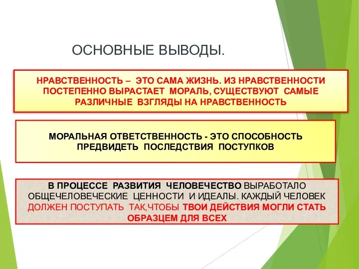 ОСНОВНЫЕ ВЫВОДЫ. НРАВСТВЕННОСТЬ – ЭТО САМА ЖИЗНЬ. ИЗ НРАВСТВЕННОСТИ ПОСТЕПЕННО ВЫРАСТАЕТ МОРАЛЬ,