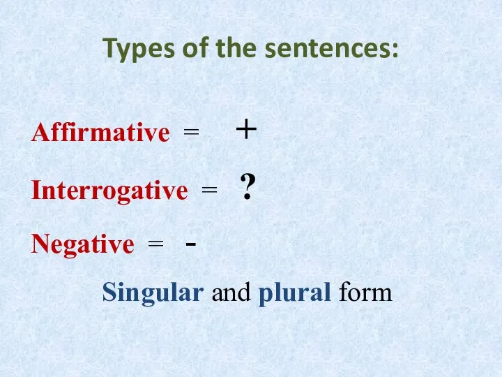 Types of the sentences: Affirmative = + Interrogative = ? Negative =