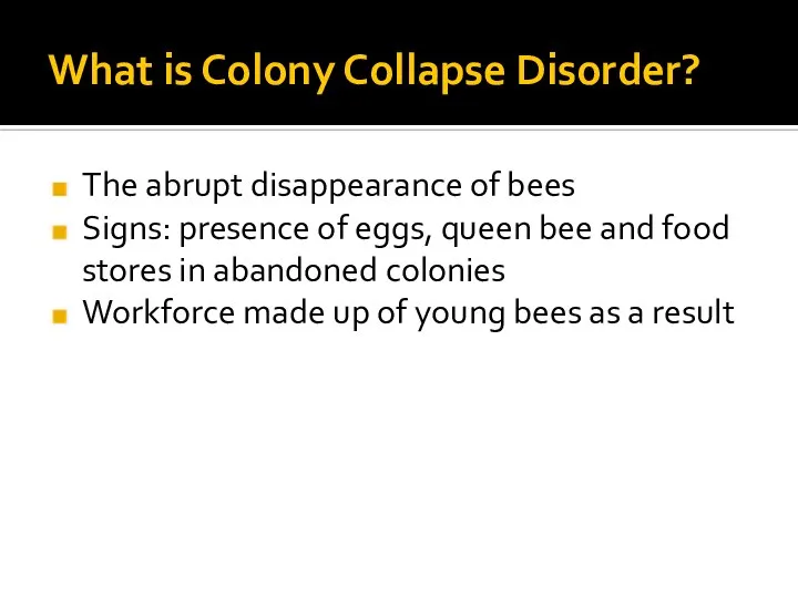 What is Colony Collapse Disorder? The abrupt disappearance of bees Signs: presence