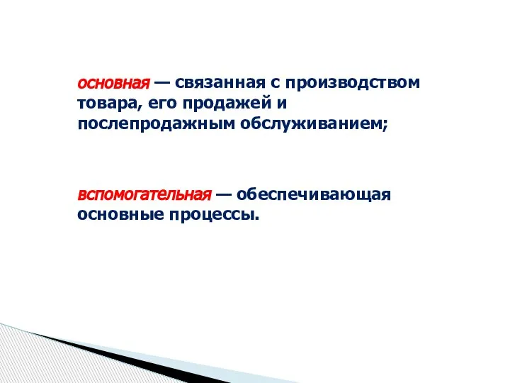 основная — связанная с производством товара, его продажей и послепродажным обслуживанием; вспомогательная — обеспечивающая основные процессы.