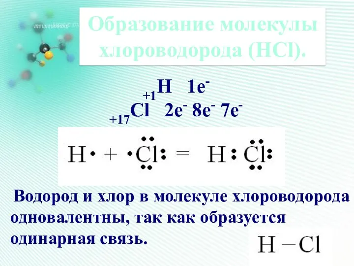 Образование молекулы хлороводорода (HCl). +1Н 1е- +17Cl 2е- 8е- 7е- Водород и