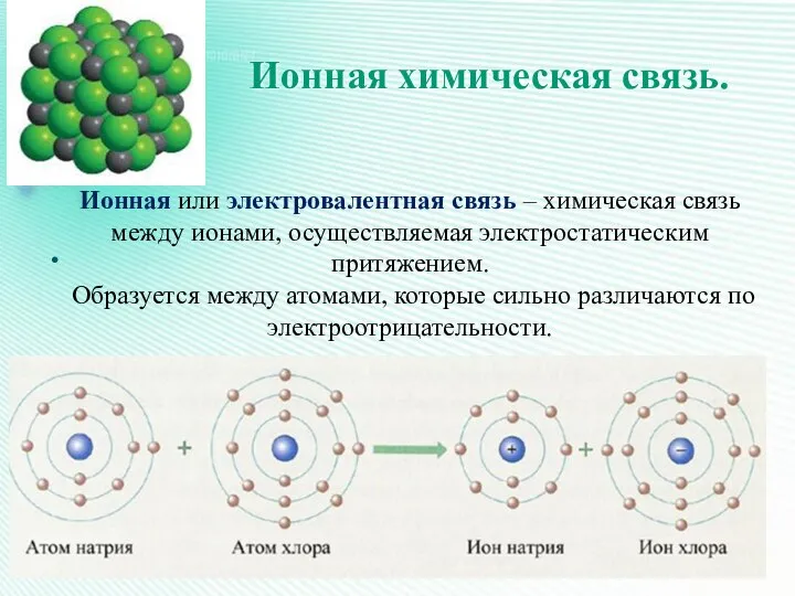 Ионная химическая связь. Ионная или электровалентная связь – химическая связь между ионами,