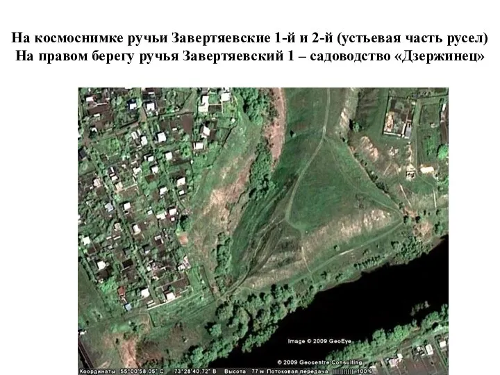 На космоснимке ручьи Завертяевские 1-й и 2-й (устьевая часть русел) На правом