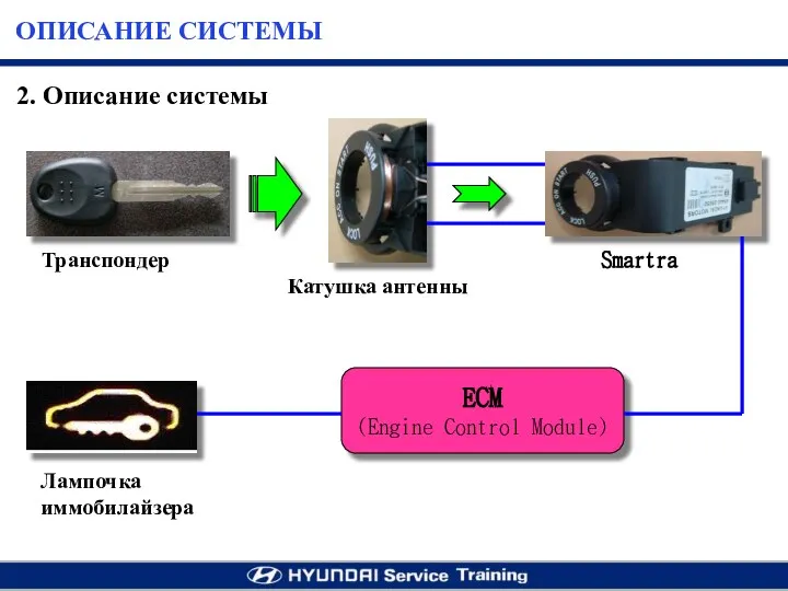 ECM (Engine Control Module) Транспондер Катушка антенны Smartra Лампочка иммобилайзера 2. Описание системы ОПИСАНИЕ СИСТЕМЫ