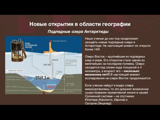 Новые открытия в области географии Подледные озера Антарктиды Наши ученые до сих