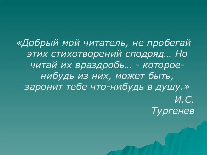 «Добрый мой читатель, не пробегай этих стихотворений сподряд… Но читай их враздробь…